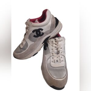 Authentic Chanel Silver Pink Suede Leather CC Logo Sneakers Size EU 40